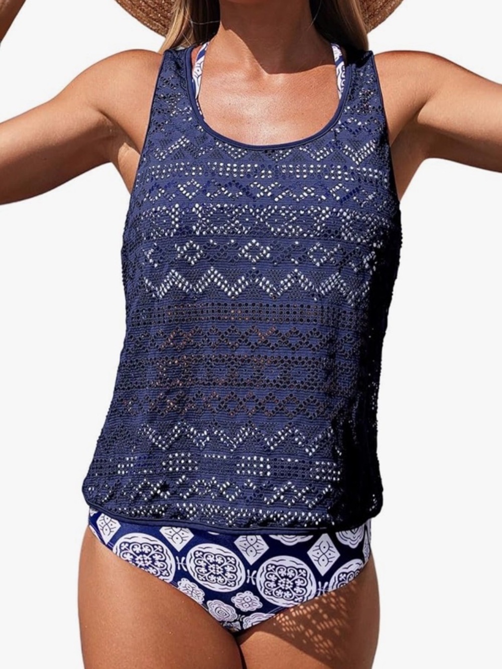Navy Blue Crochet Swim Cover Up Geometric Boho Keyhole Tie Back XL NWOT
